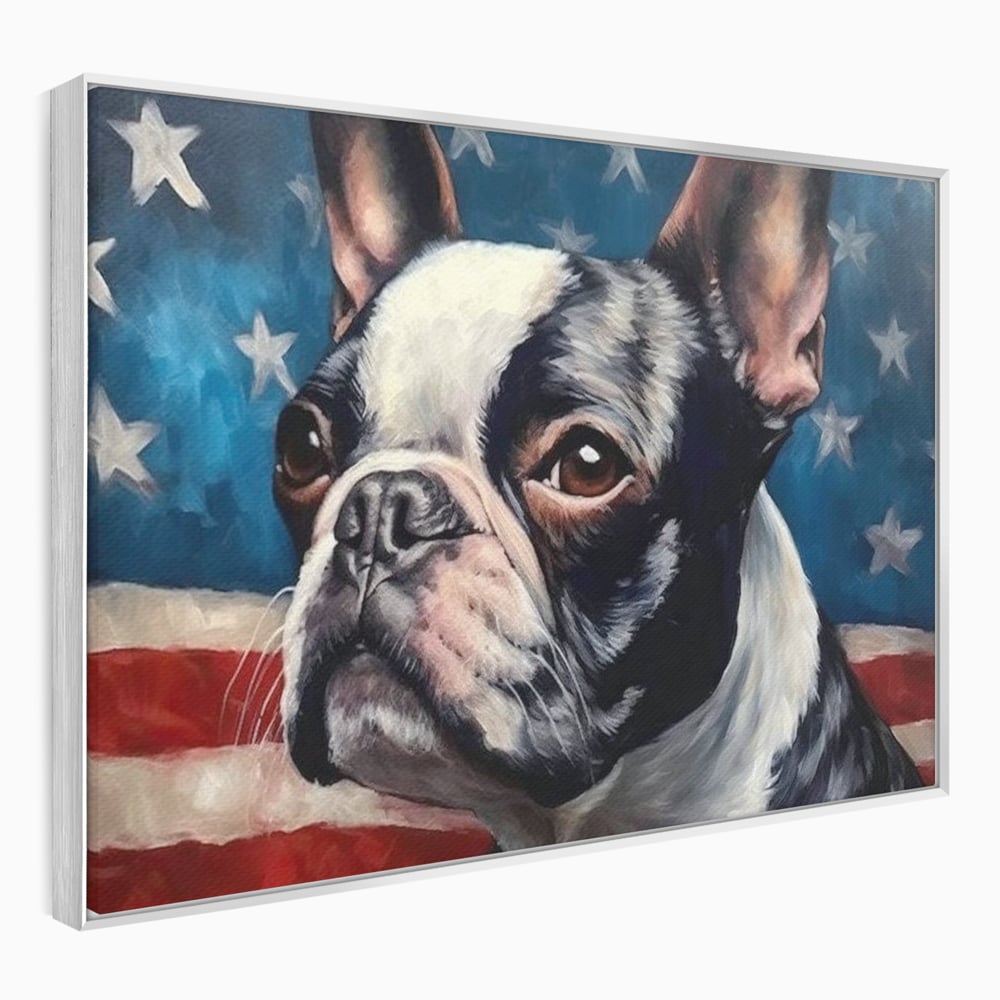 Tablou canvas cu tablou pictura caine boston terrier, in rama de aluminiu argintiu